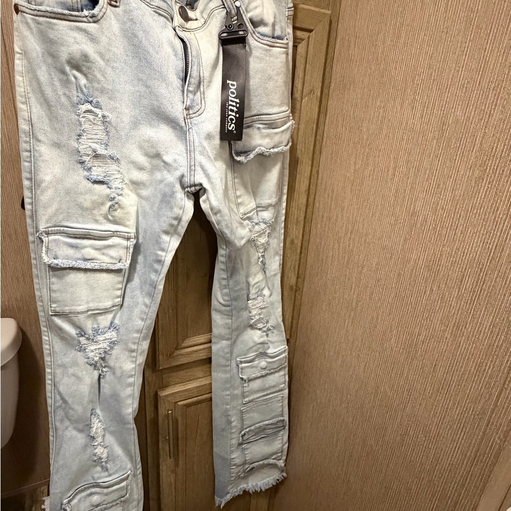 Light Blue Distressed Politics Stacked Bootcut Jeans